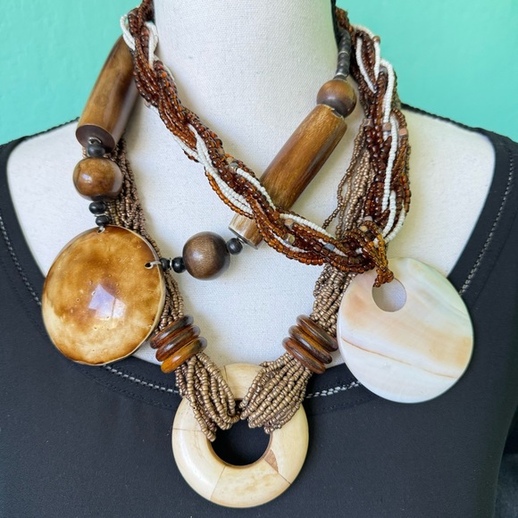 3 Pc Necklace Bundle Tribal Boho Chunky Statement Resort Tropic Beaded Bronze - Picture 5 of 8